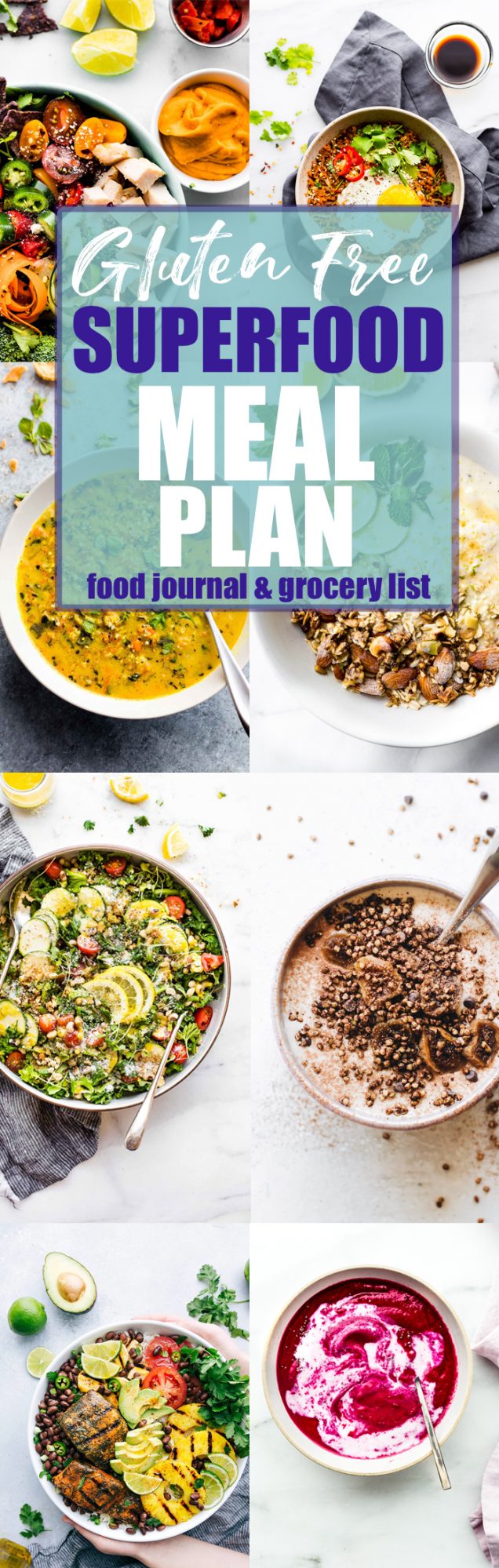 Collage of healthy meals in bowls with text overlay for gluten free superfood meal plan and grocery list