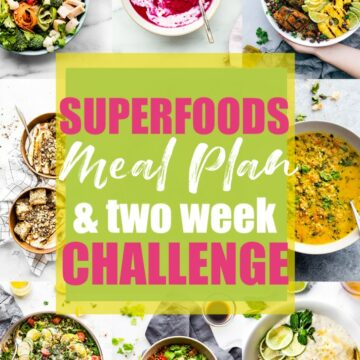 Collage of healthy meals in bowl with text overlay for Gluten Free Superfoods Meal Plan and Challenge