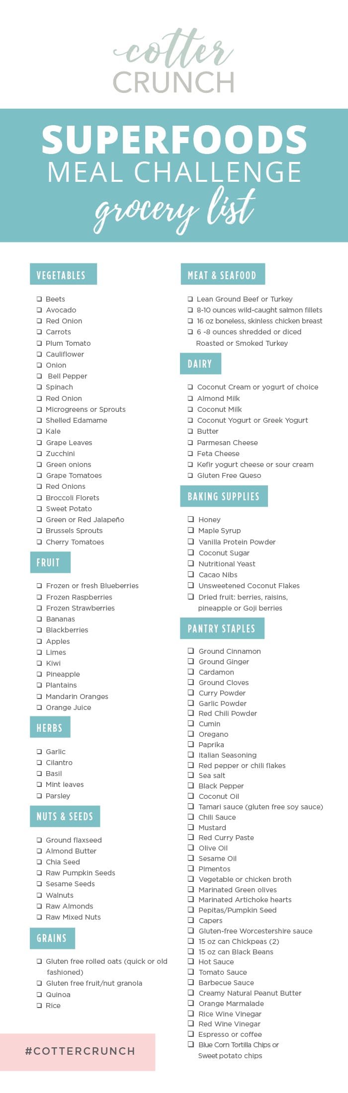 Printable grocery list for Superfoods Meal Challenge