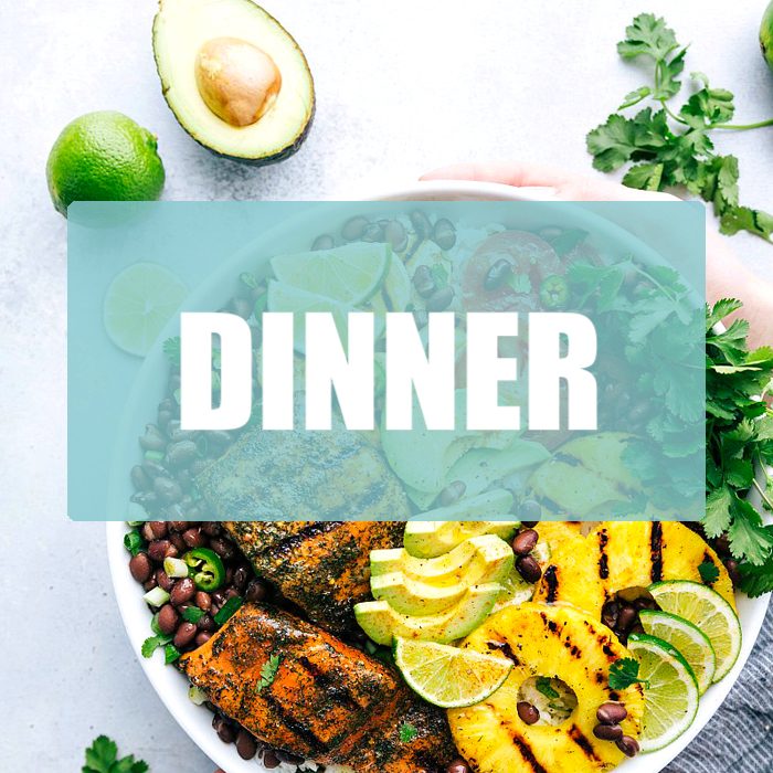 White bowl filled with grilled food and vegetables with text overlay for 'dinner'