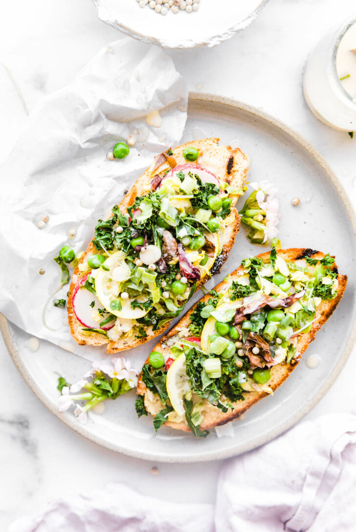 spring vegetable salad open faced sandwiches