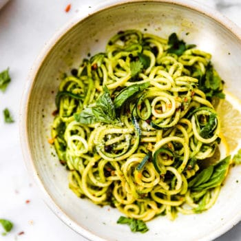 plate of roasted poblano pesto zoodles