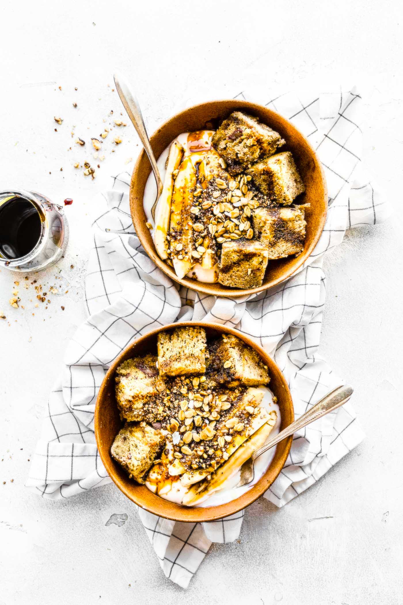 Sticky Date Cake Yogurt Bowls - superfood fruits like dates combined into a grain free cake, then combined into Greek yogurt bowls. Great for a healthy breakfast or dessert. Paleo Option #grainfree #paleo #superfoods