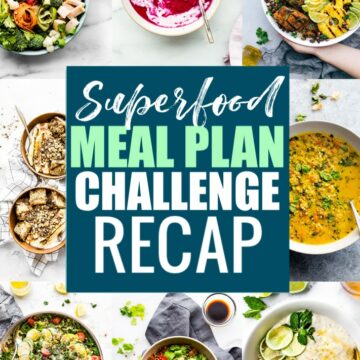 Collage of meals for superfood meal plan challenge with text overlay.