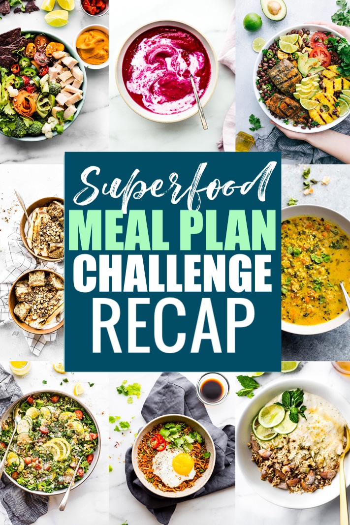 Collage of healthy meals in bowls with text overlay for Superfood Meal Plan Challenge