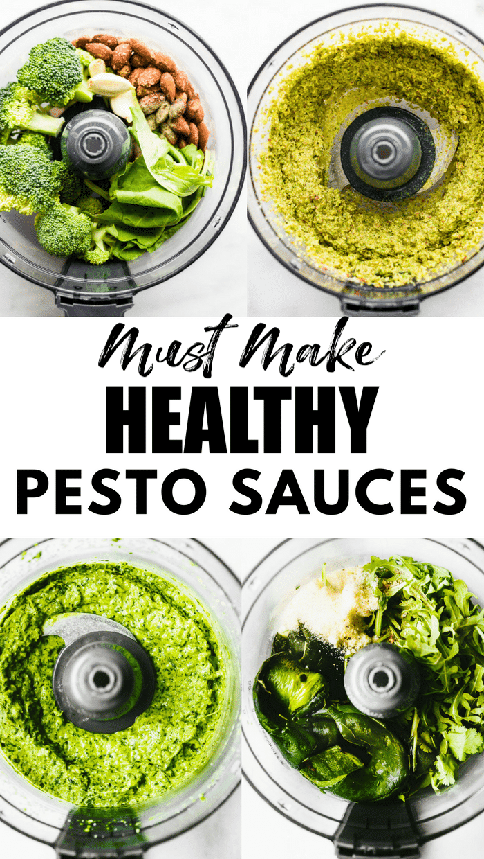 Collage of three pesto sauce recipes in food processor bowls with text overlay.