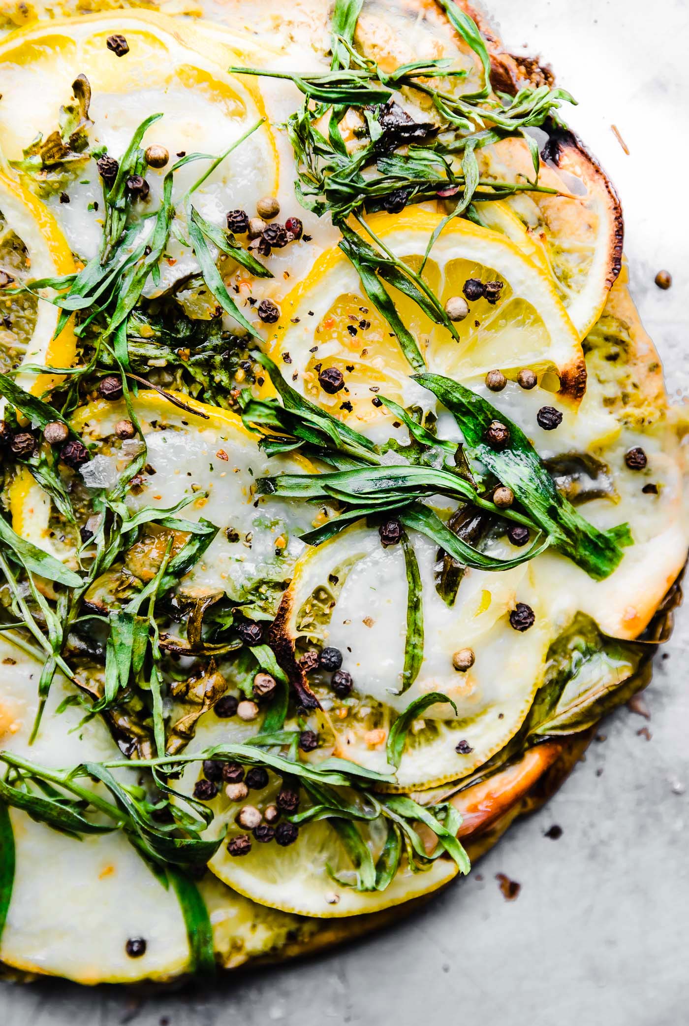 socca pizza with lemon and herbs