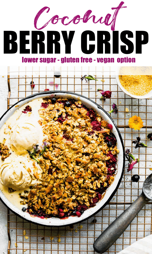 A delicious coconut mixed berry crisp with raspberries, blueberries, toasted coconut, and gluten free rolled oats. This simple summer dessert is perfect when you crave a treat but want to keep it on the healthy side. Serve this berry crisp with ice cream or coconut whip. Gluten free, and easily adaptable for a vegan version. #cottercrunch #refinedsugarfree #glutenfree #vegan #healthy #dessert #breakfast #oatmeal #cleaneating #easyrecipe