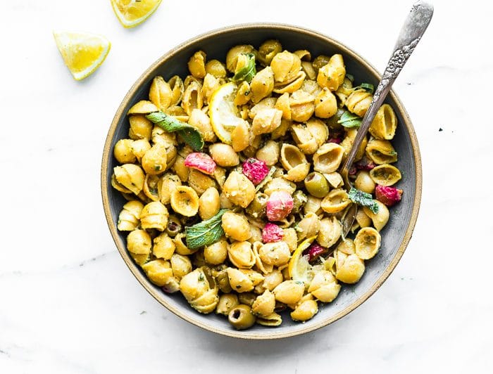 chickpea pasta with lemon herb sauce and roasted radish