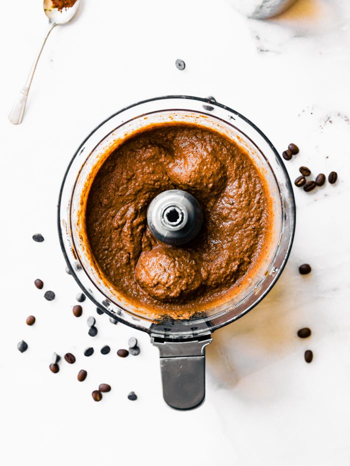 Overhead view food processor bowl filled with espresso dark chocolate sorbet
