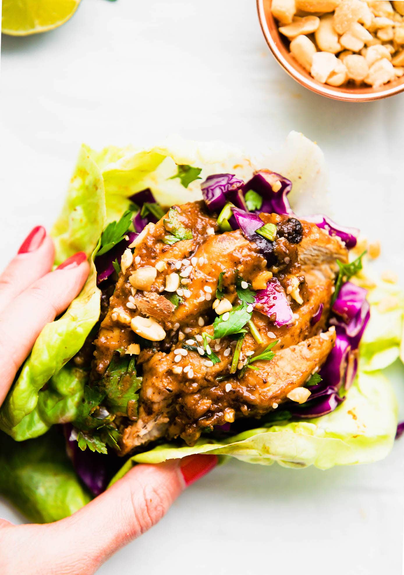 A hand holding a lettuce wrap filled with sticky bbq pork topped with purple cabbage, nuts, and sesame seeds.