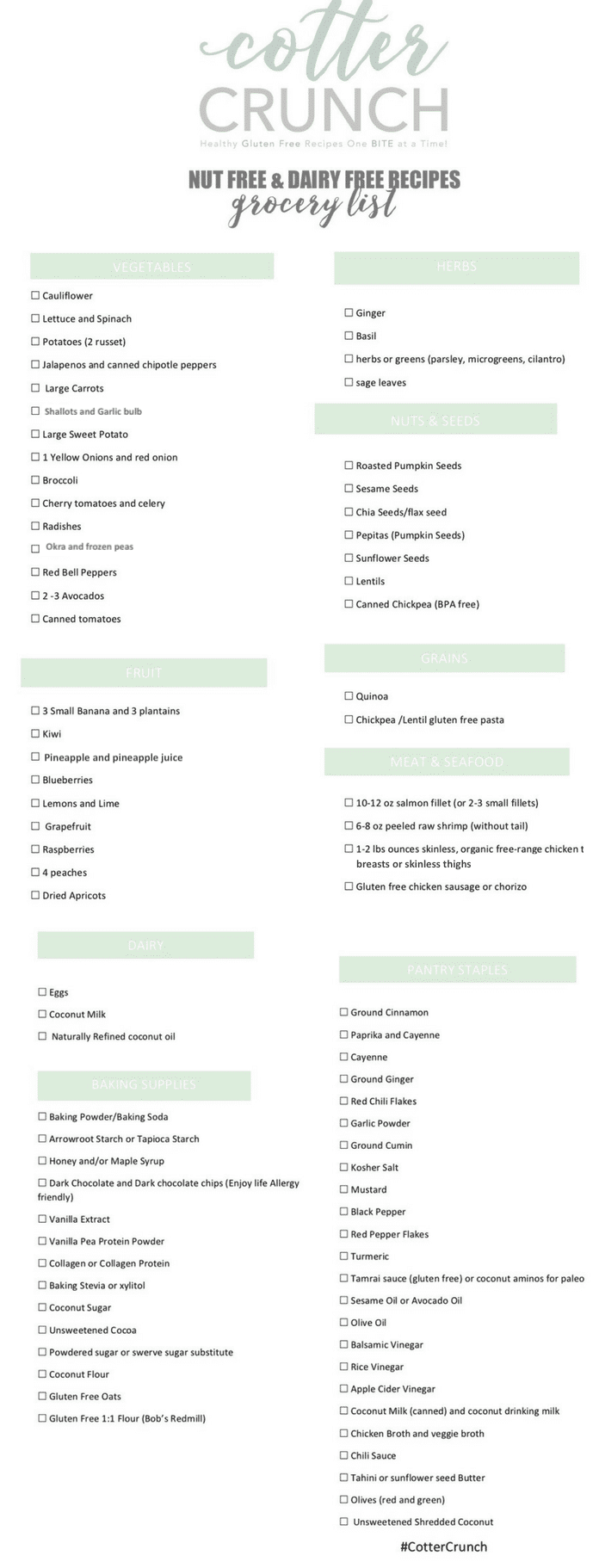 Printable grocery list for nut and dairy allergy meal plan