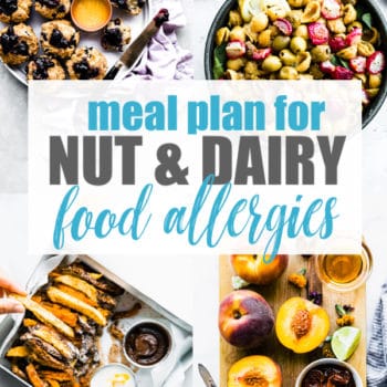 This meal plan for nut and dairy allergies is a requested meal plan from you, my wonderful readers! The healthy recipes (which are always gluten free) in this meal plan are nut free AND dairy free. Delicious meals for breakfasts, lunches, dinners, and snacks for anyone with multiple food allergies. #mealplan #mealprep #glutenfree #healthy #nutfree #dairyfree
