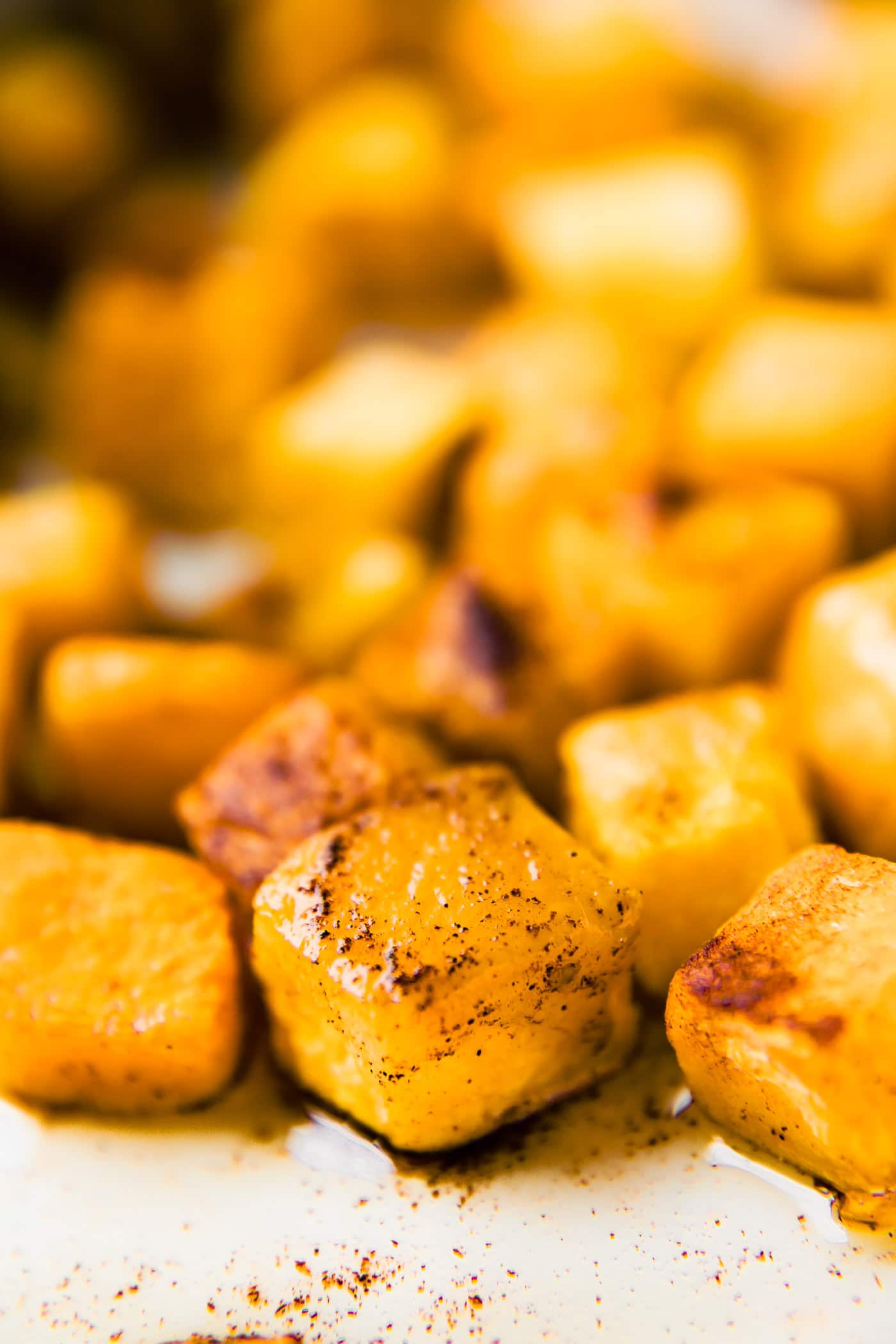 Roasted butternut squash pieces with dusting of cinnamon