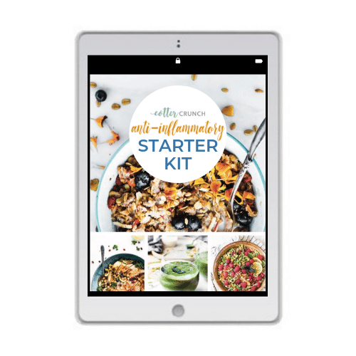White tablet with Anti Inflammatory Starter Kit cover and several dishes from the meal plan.