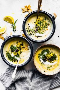 3 bowls of creamy roasted cauliflower soup with fennel