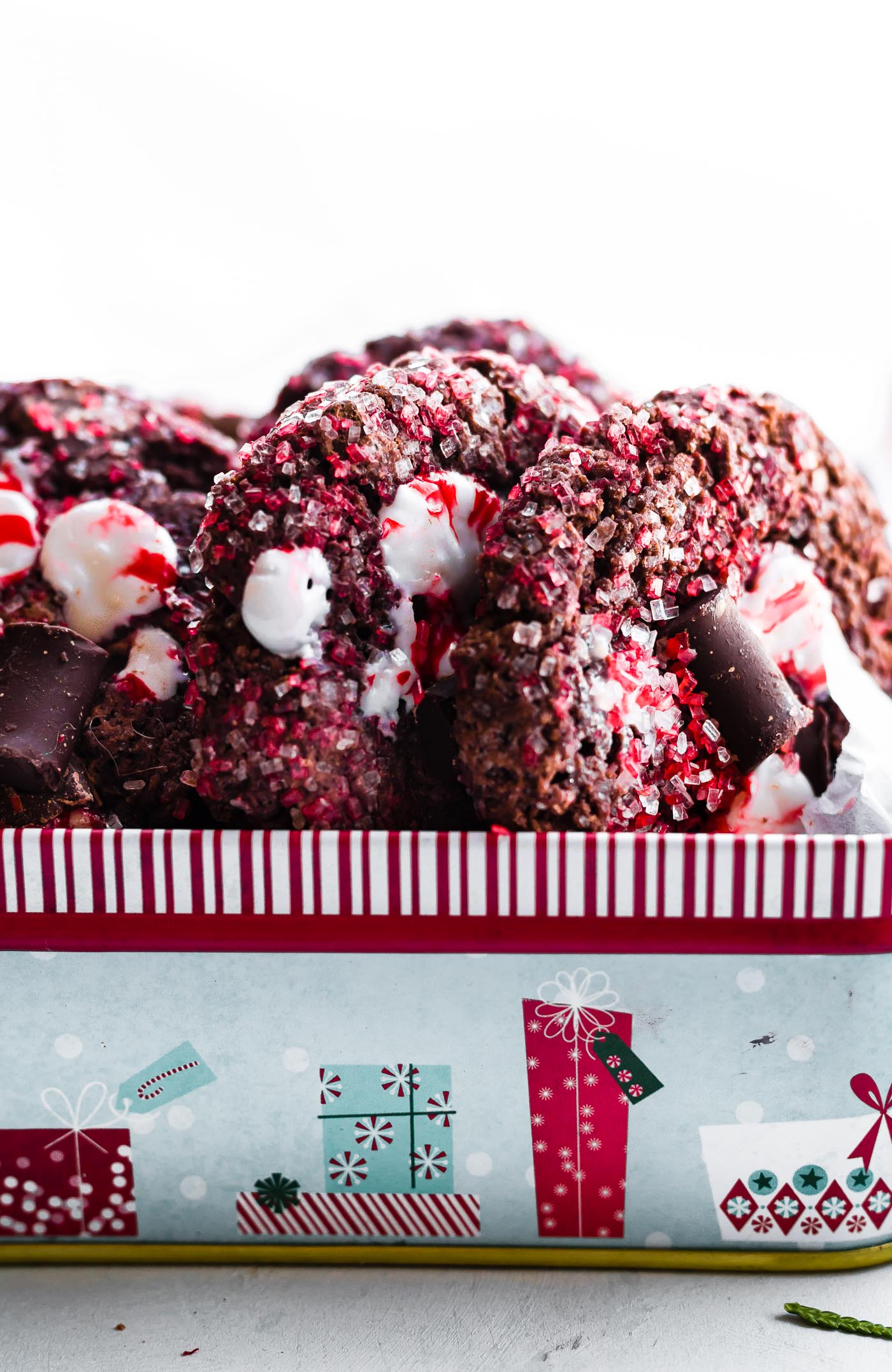 Chocolate chunk cookies with peppermint in Christmas cookie box