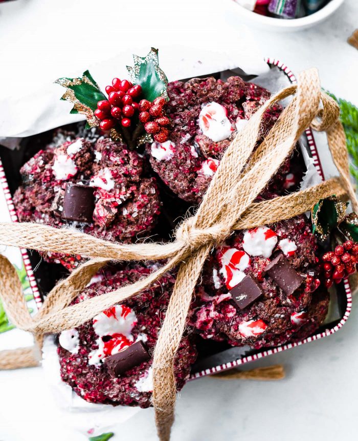 gluten free chocolate chunk cookies with peppermint in a box tied with twine
