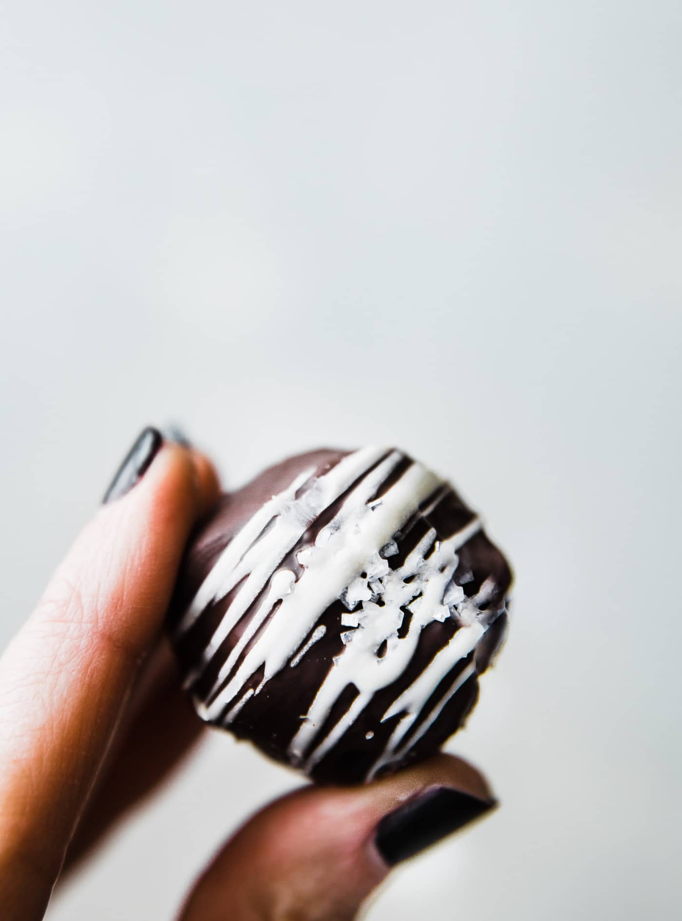 A single chocolate covered cookie truffle being held between thumb and forefinger.