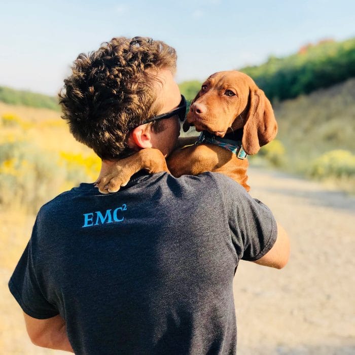A vizsla puppy being held by a man, puppy looking over his shoulder.
