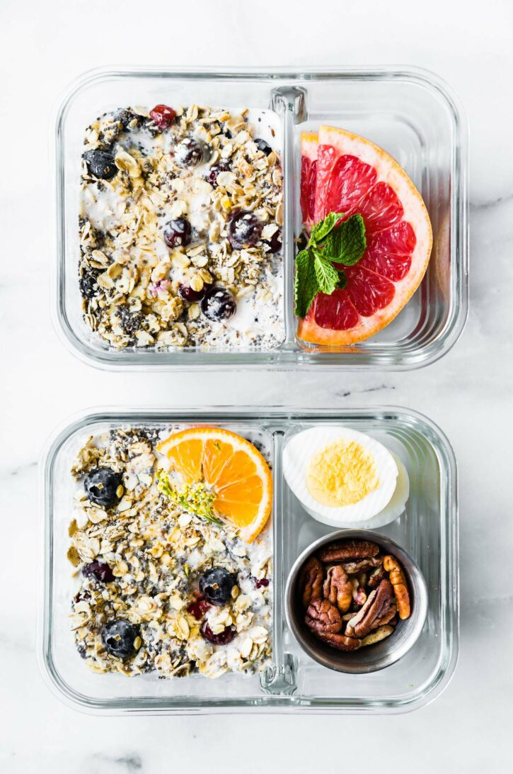 meal prep containers with overnight oatmeal and superfoods