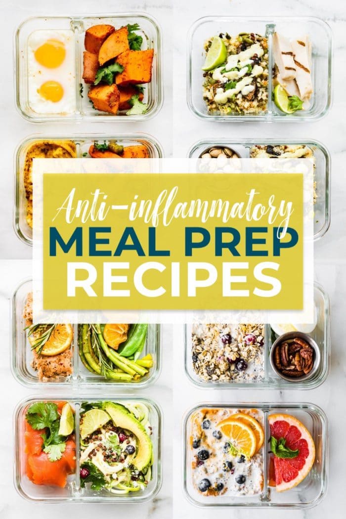 Collage of anti-inflammatory meal prep recipes with text overlay.