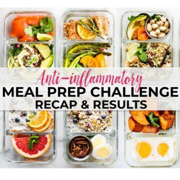 Collage of meal prep containers filled with assortment of healthy meals with text overlay for Anti-inflammatory meal plan meal prep challenge recap