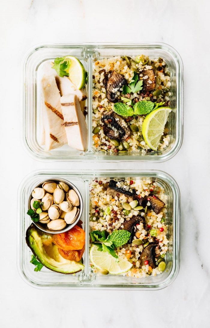 dukkah roasted vegetables salad in meal prep containers