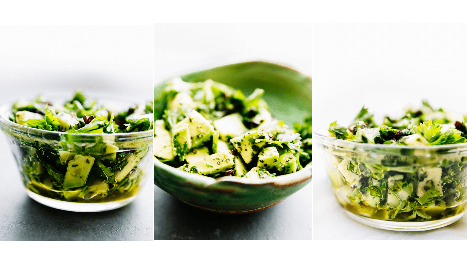 Collage of images for avocado gremolata; in clear glass bowl, in turquoise bowl and side view in glass jar.
