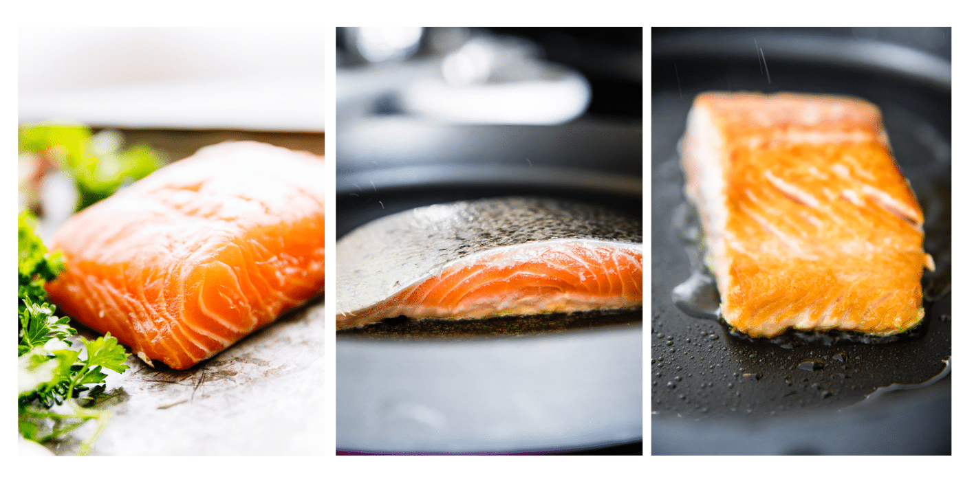 Collage of salmon images; raw salmon fillet on wooden cutting board, salmon skin-side up in skillet, salmon fillet skin-side down in skillet.