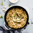 skillet of riced broccoli cauliflower risotto