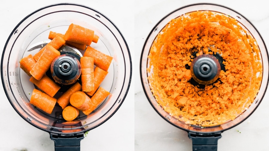 Chopped carrot pieces in a food processor, riced carrots in a food processor.
