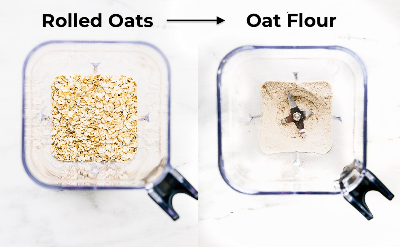 Old fashioned rolled oats in a blender cup. Overhead view blender cup with ground oats in bottom.