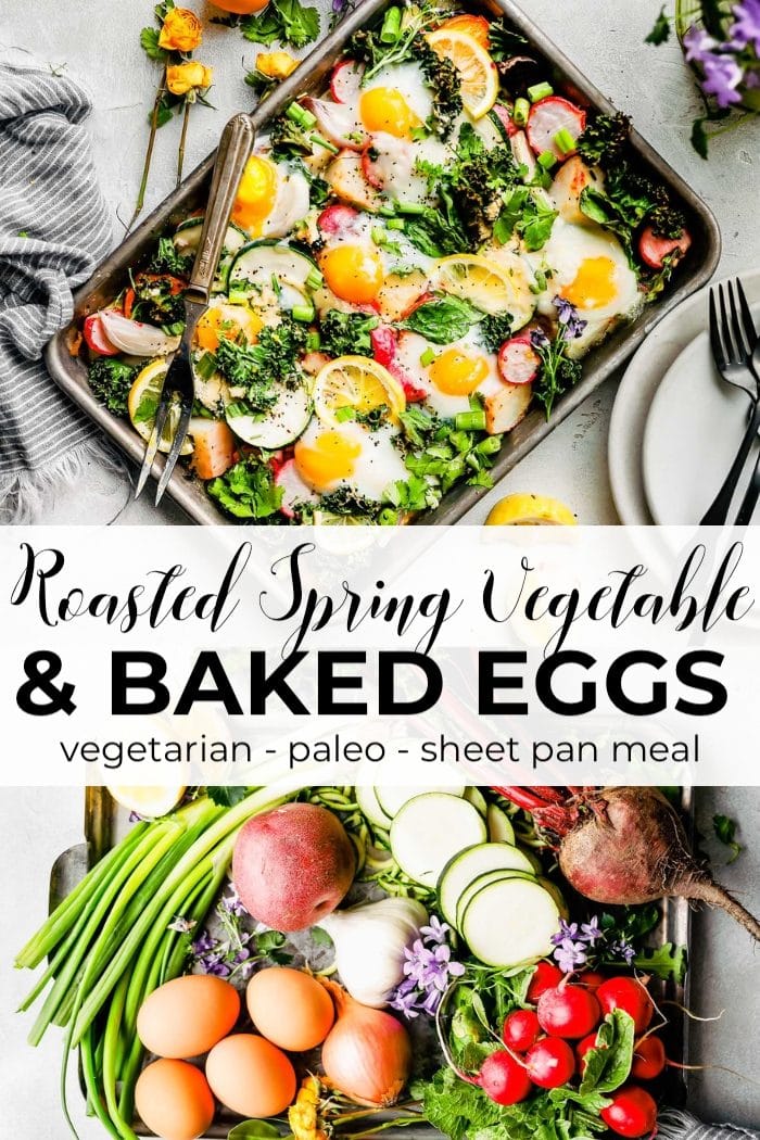 baked eggs and vegetables sheet pan meal - pin