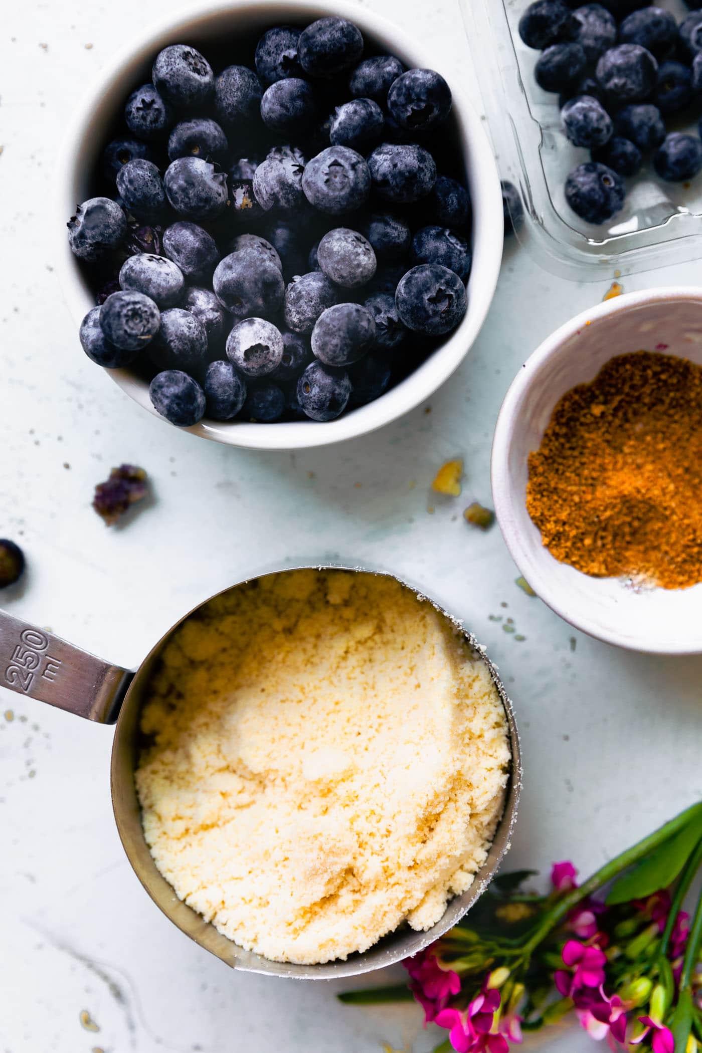 ingredients - blueberries, almond flour, sugar