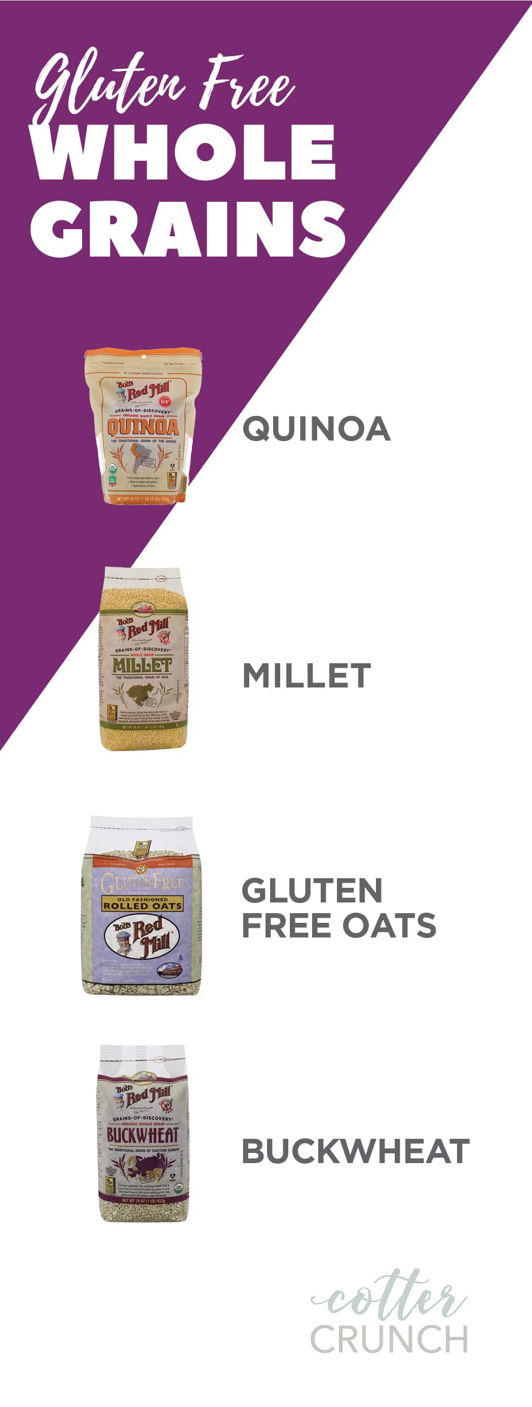 a graphic with bags of gluten free whole grains including quinoa, millet, gluten free oats, and buckwheat