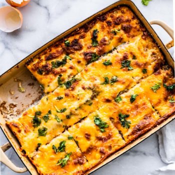egg casserole with utensils on table