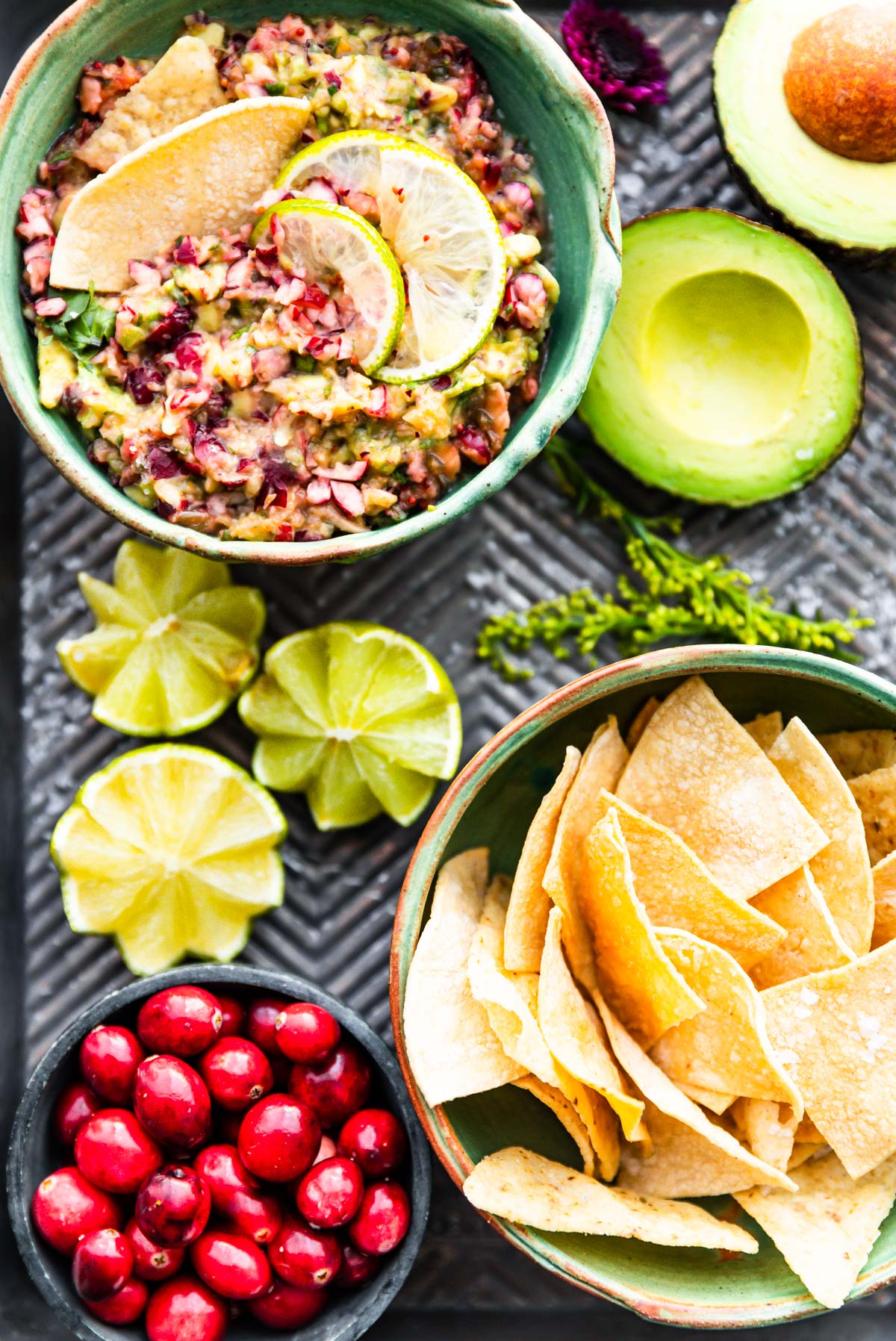 tray of avocado cranberry salsa with fruit and tortilla chips