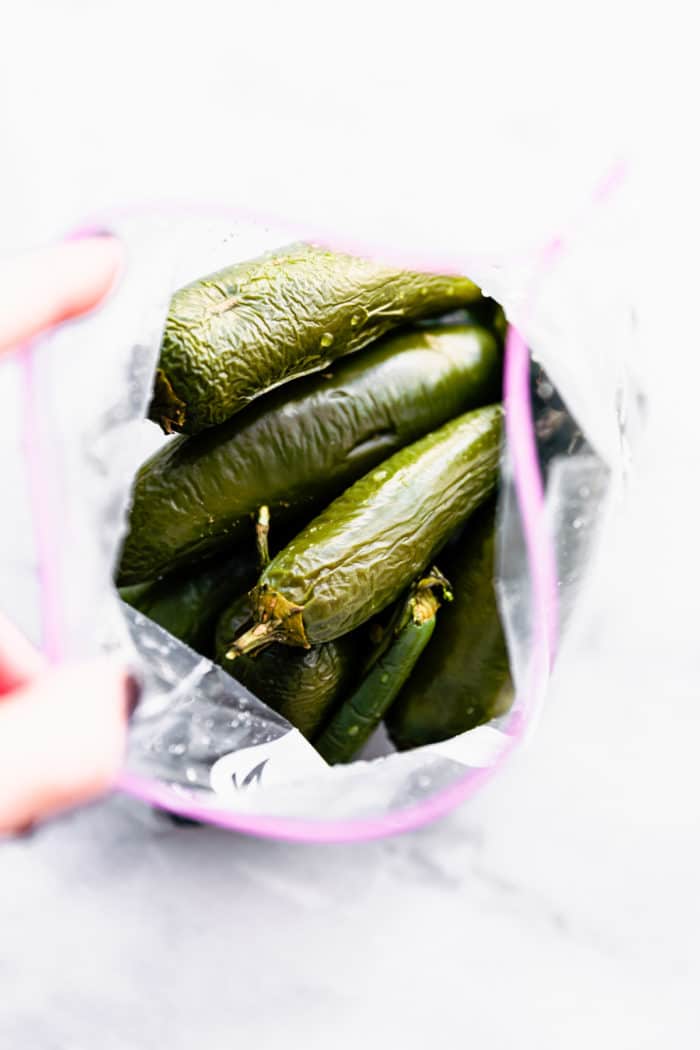 A hand holding a ziplock bag open filled with jalapenos.