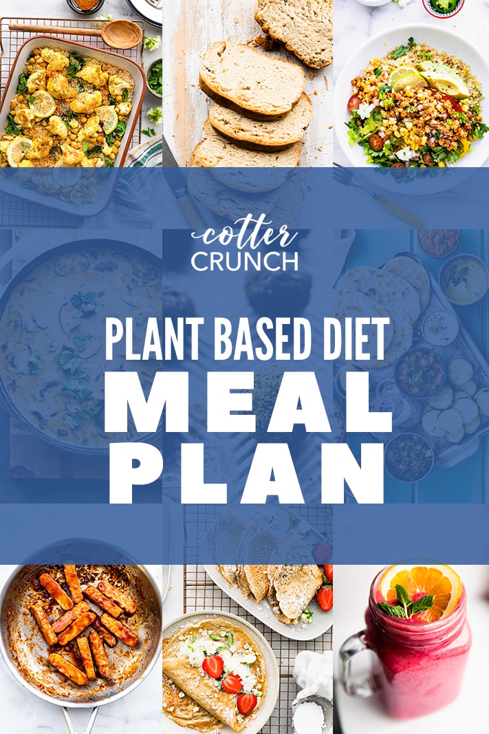 Collage of plant based meals with text overlay for Plant Based Diet Meal Plan and Grocery List.