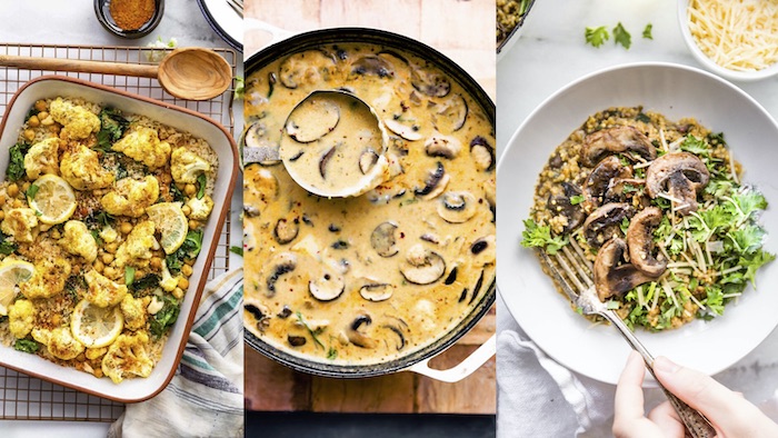 Collage of plant based meals; curried cauliflower chickpea bake, creamy mushroom soup, and mushroom millet risotto in white bowl.