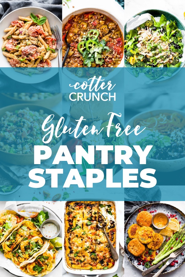 collage of meals using pantry staples for dinner ideas. Bowls of chili, salad, pasta, tacos, and a casserole