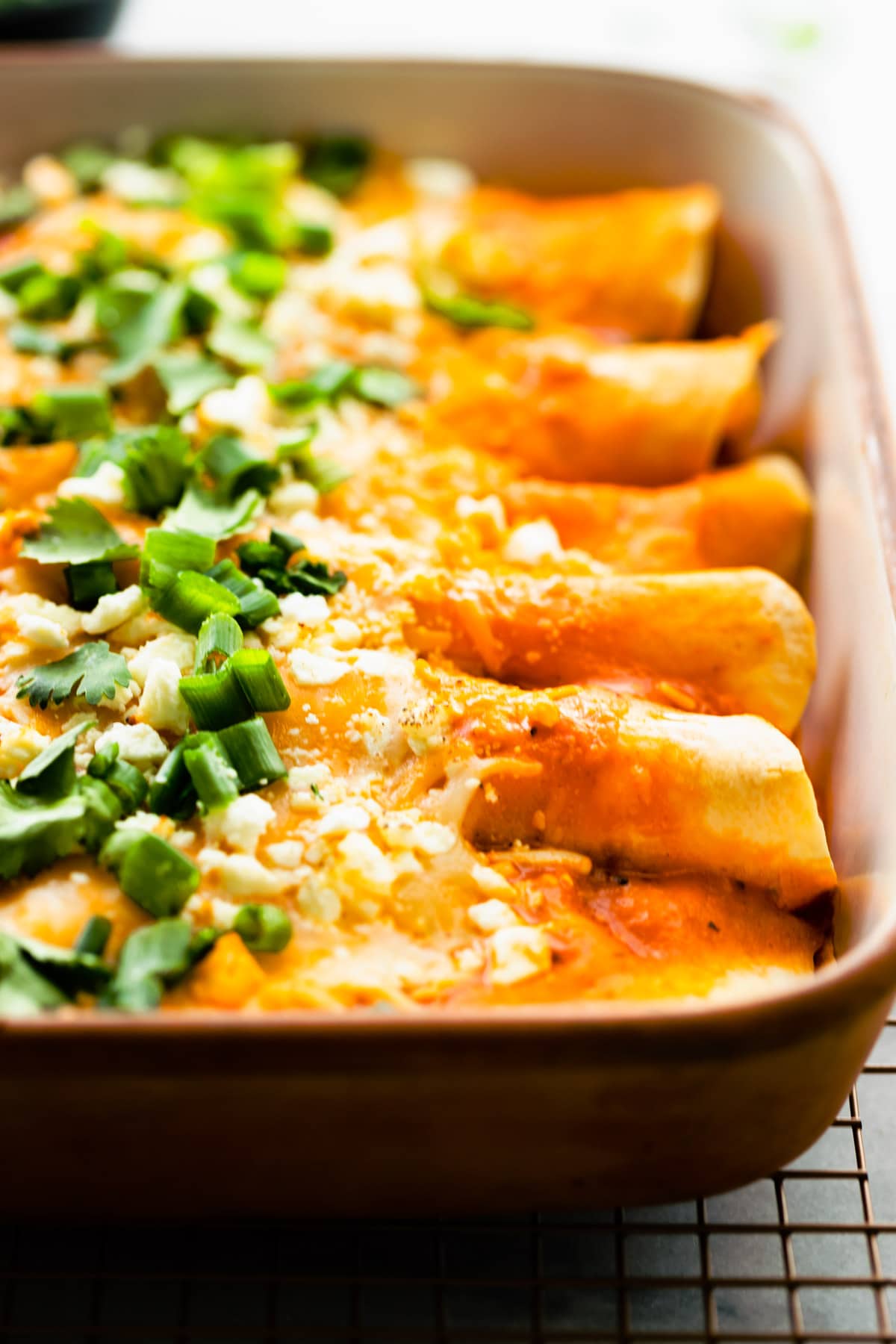Close up side view cooked buffalo style enchiladas in baking dish topped with cheese and green onions.