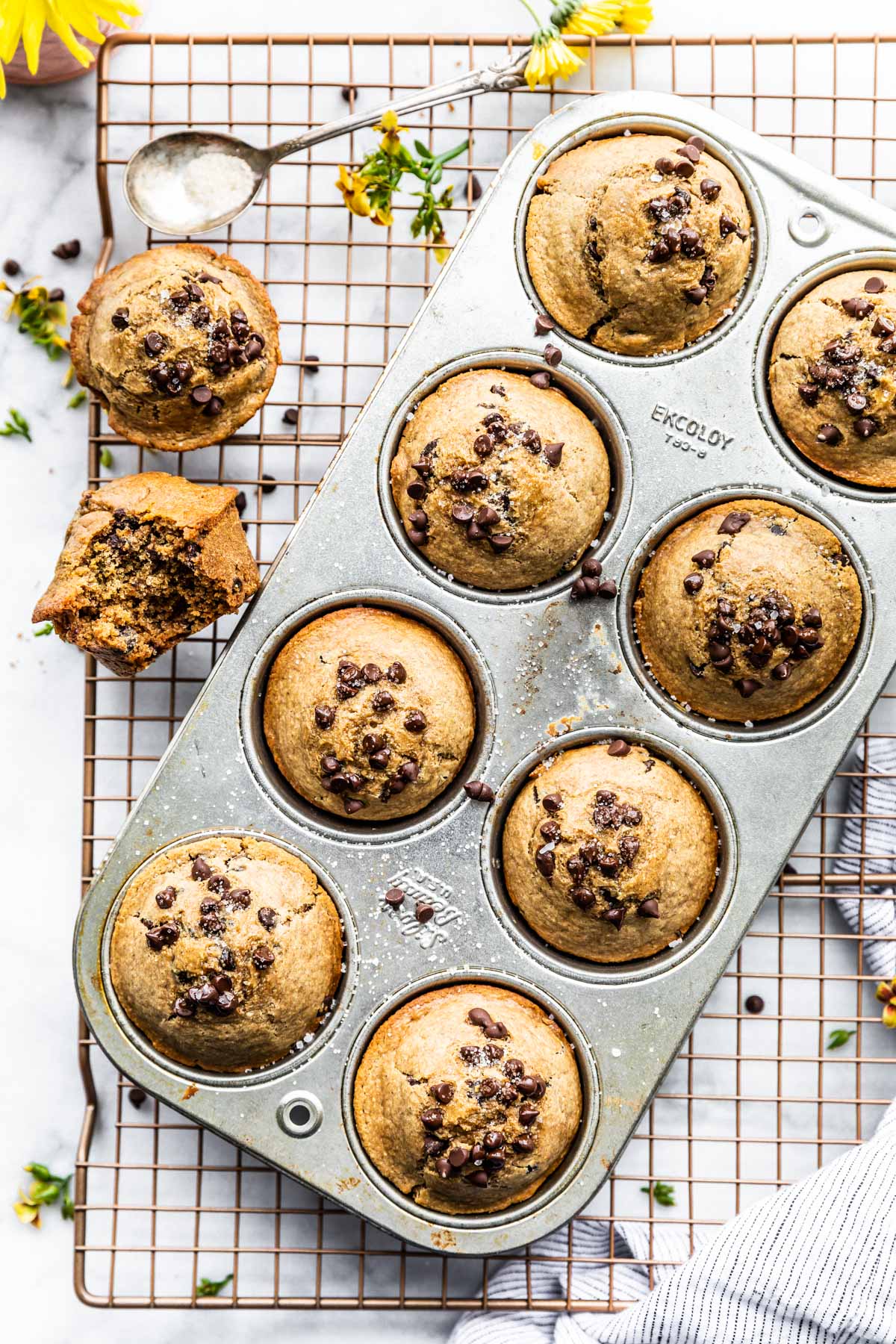 Chocolate chip Muffins in muffin pan. Sitting on cooling wrack. Two muffins out of pan and one with bite taken out. Spoon of sugar above pan