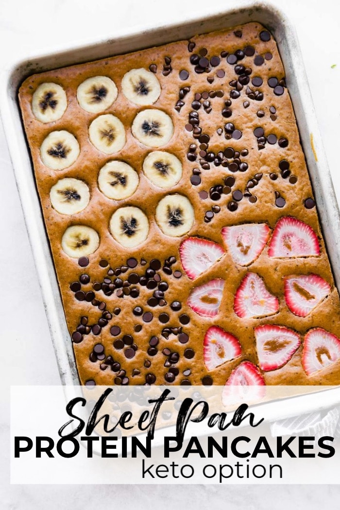sheet pan keto pancakes with toppings of sliced bananas, strawberries, and chocolate chips with title overlapping pan