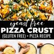 no yeast pizza crust + recipe pin - bold text of title n middle. dough being rolled out at the bottom of collage
