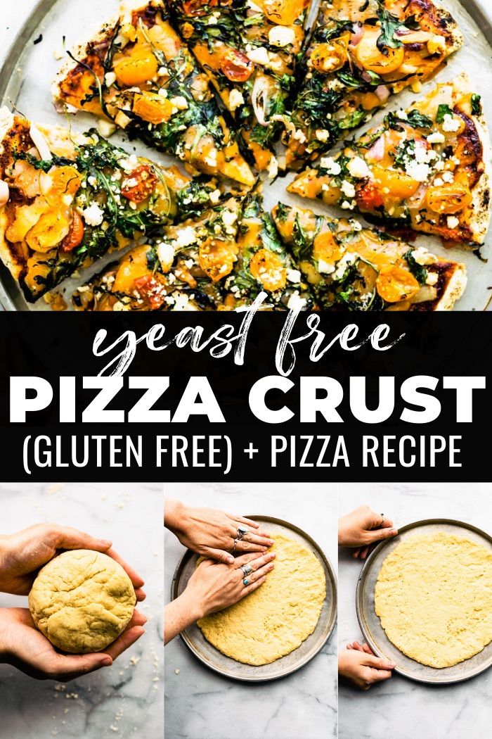 no yeast pizza crust + recipe pin - bold text of title n middle. dough being rolled out at the bottom of collage