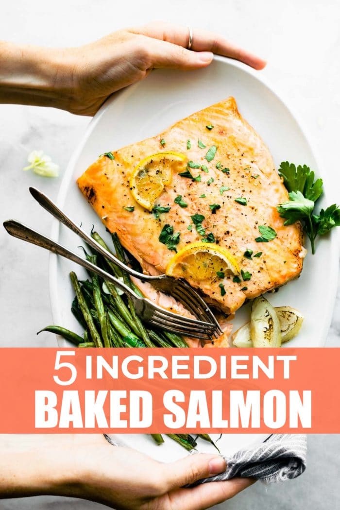 titled image: 5 Ingredient Baked Salmon shows fish on white plate with fresh green beans