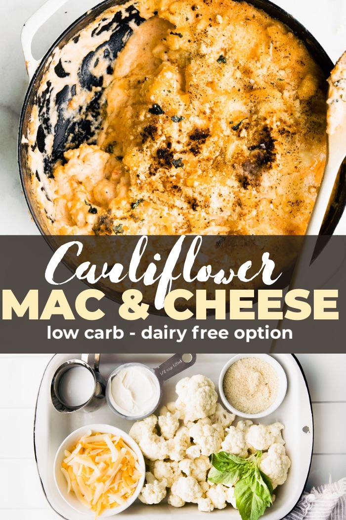 titled Pinterest photo (and shown): low carb cauliflower mac and cheese