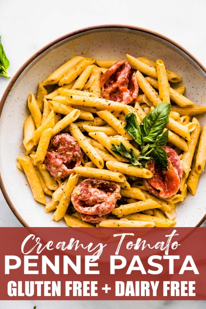 bowl of gluten free penne with creamy dairy free tomato sauce